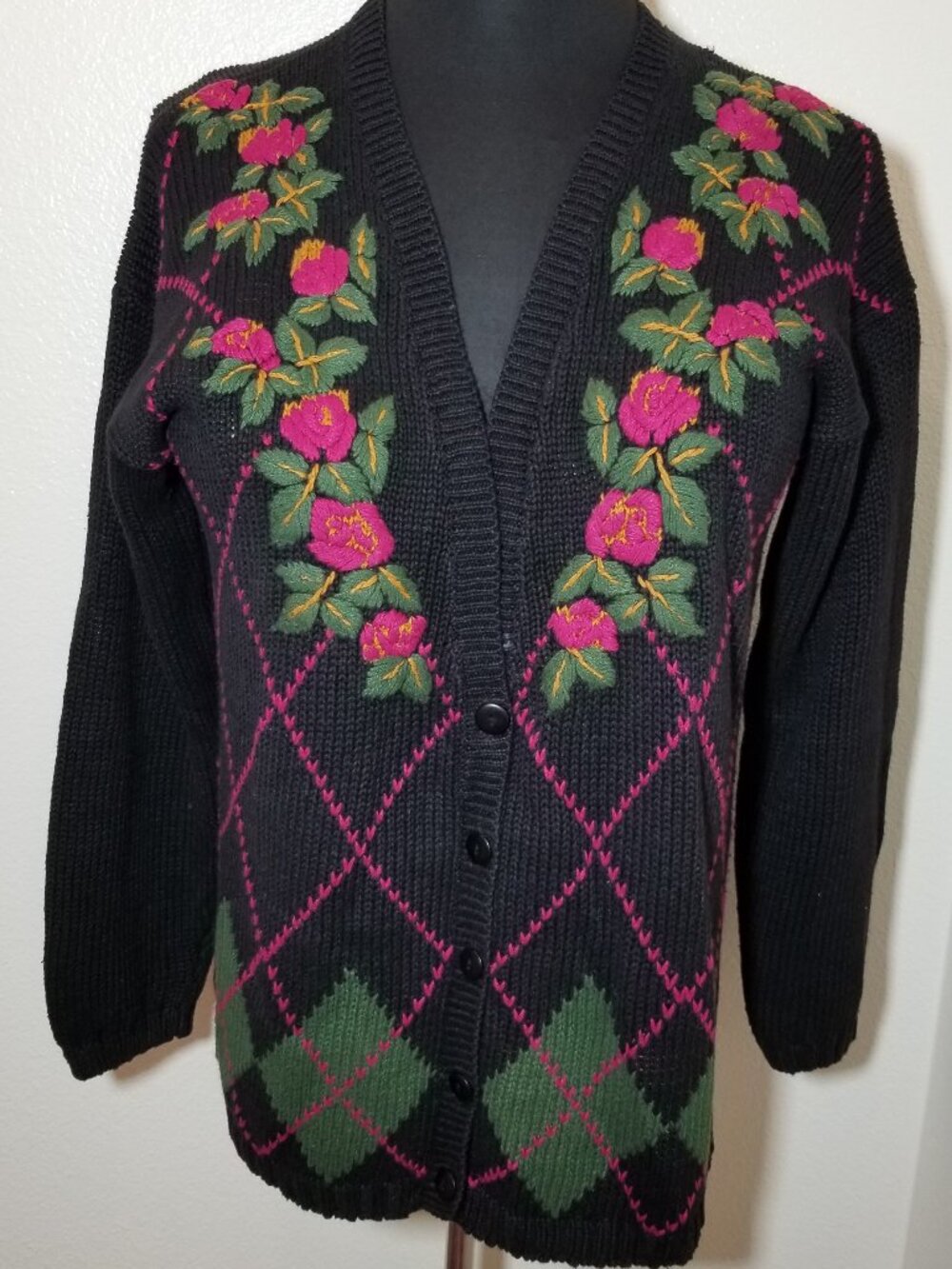 MJ Carroll Womens Large Vintage 80’s Black Floral Cardigan Old Money Granny‎ Hip